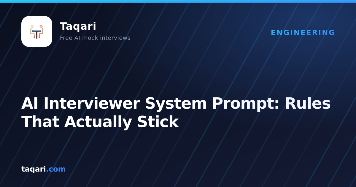 Diagram of Taqari's interviewer agent: the backend minting an ephemeral token carrying the system prompt and tool declarations, the browser opening a live session, and the tool-call loop that relays editor state and test results back to the model