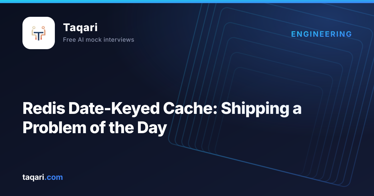 Taqari cover art for an engineering guide to building a date-keyed Redis cache for a daily coding challenge